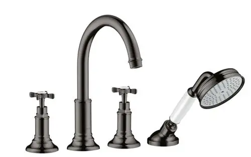 AXOR Armatur mit einem hohen gebogenen Auslauf und zwei Kreuzgriffen sowie einer Handbrause, alles in mattschwarzem Chrom-Finish.